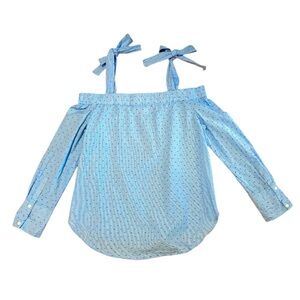 Blue Swiss Dot Off-Shoulder Bow Strap Cotton Top Sz L